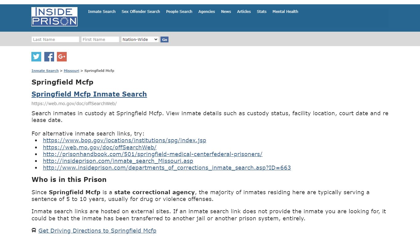 Springfield Mcfp - Missouri - Inmate Search - Inside Prison