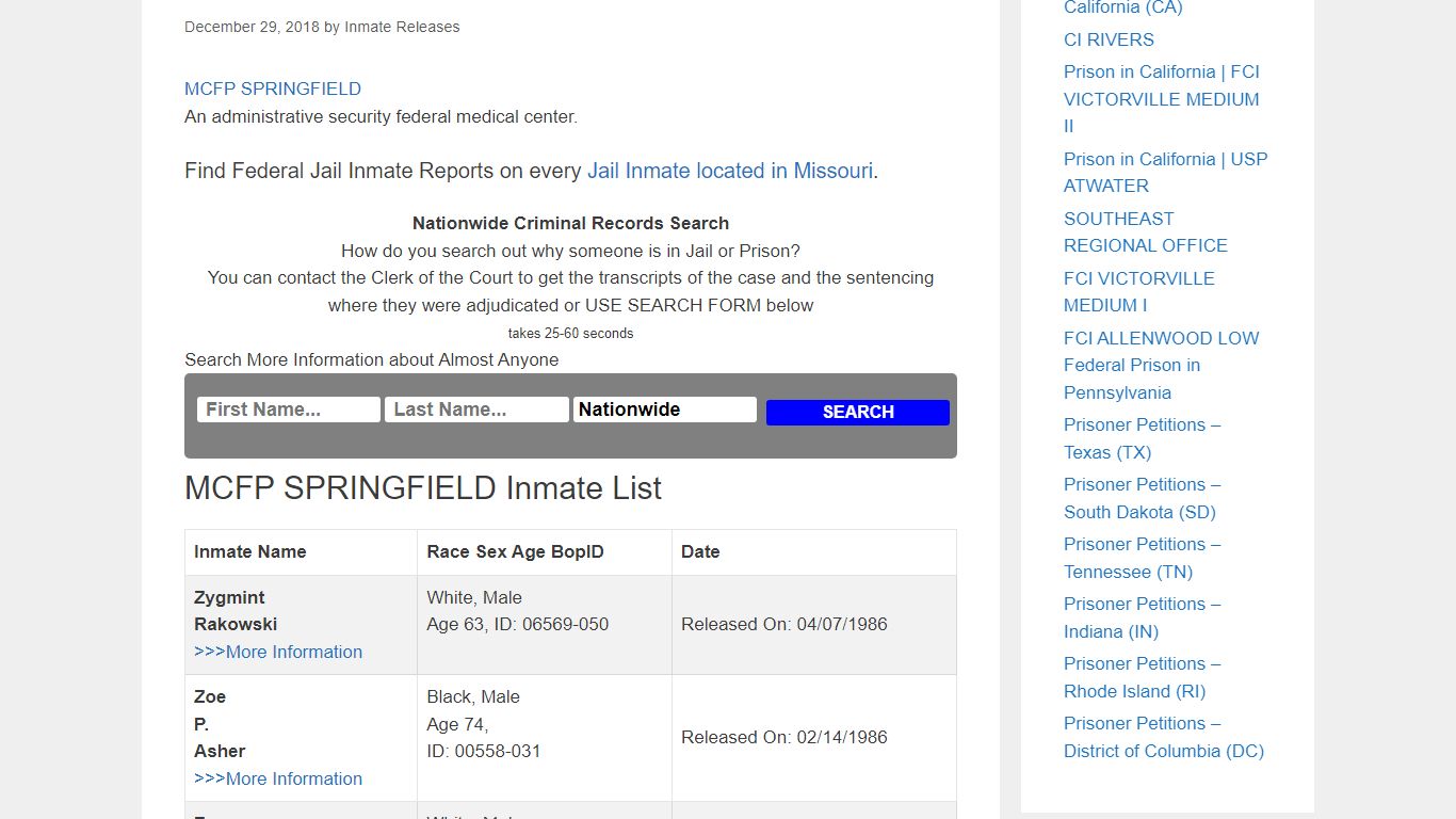 MCFP SPRINGFIELD – Inmate Releases